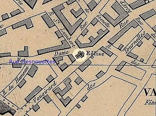 L'ancienne église Saint-Lambert (dans la pastille claire) sur le plan d'Henriot de 1847. L'église était située sur l'emplacement actuel de la place Henri-Rollet.