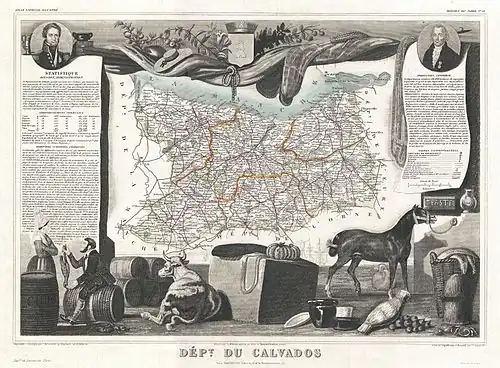 Carte de Victor Levasseur du département du Calvados (1852) avec les Rochers du Calvados au Nord.
