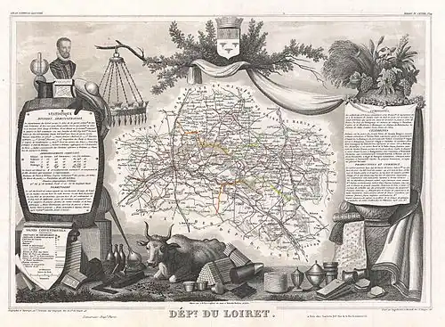 La carte, gravure en noir et blanc, est surmontée des armoiries du Loiret, encadrée de cartouches explicatifs et de dessins des principales productions.