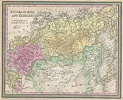 Carte de Samuel Augustus Mitchell en 1853, plaçant Sakhaline dans l'Empire chinois.