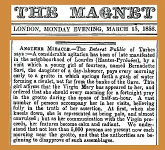 Article du 15 mars 1858 sur le Magnet de Londres, sur les événements à Lourdes.