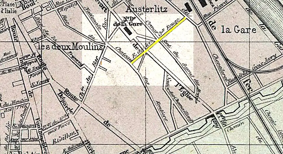 La rue de la Croix-Rouge (en jaune) sur le plan d'Eugène Lanée de 1861.