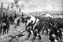 Reproduction d'une peinture montrant un homme à cheval haranguant la foule des soldats sur un champ de bataille.