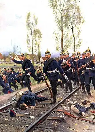 Tableau montrant des soldats combattant sur une voie ferrée.
