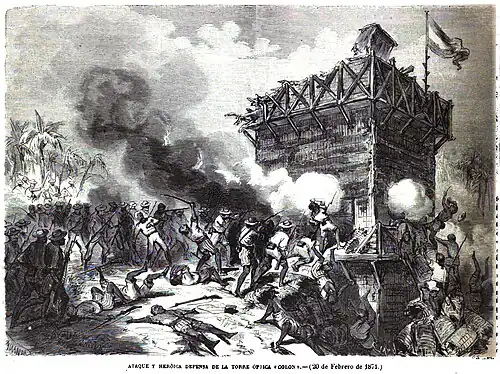 Ataque y heroica defensa de la torre óptica Colón (20 de febrero de 1871), dans La Ilustración Española y Americana du 5 mai 1871.