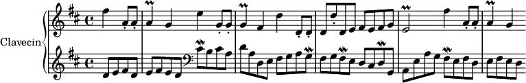 \version "2.18.2"
\header {
tagline = ##f
}
%% les petites notes
Prallaq = { \tag #'print { a4\prall } \tag #'midi { \times 2/3 { b32 a b } a8. } }
Prallgq = { \tag #'print { g4\prall } \tag #'midi { \times 2/3 { a32 g a } g8. } }
Pralled = { \tag #'print { e2\prall } \tag #'midi { \times 2/3 { fis32 e fis } e16~ e8~ e4 } }
Mordcisq = { \tag #'print { cis8\mordent } \tag #'midi { cis32 d cis16~ } }
Mordfisq = { \tag #'print { fis8\mordent } \tag #'midi { fis32 g fis16 } }
Morddq = { \tag #'print { d8\mordent } \tag #'midi { d32 cis d16 } }
Mordgq = { \tag #'print { g8\mordent } \tag #'midi { g32 a g16 } }
upper = \relative c'' {
\clef treble
\key d \major
\time 4/4
\tempo 4 = 102
\set Staff.midiInstrument = #"harpsichord"
\override TupletBracket #'bracket-visibility = ##f
\partial 2
fis4 a,8-. a-. \Prallaq g4 e' g,8-. g-. \Prallgq fis4 d' d,8-. d-. d d'-. d, e fis e fis g \Pralled fis'4 a,8-. a-. \Prallaq g4
}
lower = \relative c' {
\clef bass
\key d \major
\time 4/4
\set Staff.midiInstrument = #"harpsichord"
% **************************************
\clef treble
d8 e fis d e fis e d
\clef bass
\Mordcisq b8 cis a d a d, e fis g a \Mordgq | fis8 g \Mordfisq e8 d cis \Morddq g,8 a e' a g \Mordfisq e8 fis d | e8 fis e d
}
thePianoStaff = \new PianoStaff <<
\set PianoStaff.instrumentName = #"Clavecin"
\new Staff = "upper" \upper
\new Staff = "lower" \lower
>>
\score {
\keepWithTag #'print \thePianoStaff
\layout {
\context {
\Score
\remove "Metronome_mark_engraver"
}
}
}
\score {
\keepWithTag #'midi \thePianoStaff
\midi { }
}