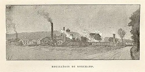 Gravure panoramique de bâtiments industriels.