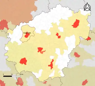 Localisation de l'aire d'attraction d'Uzerche dans le département de la Corrèze.