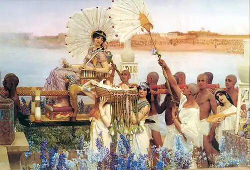 Lawrence Alma-Tadema, La Découverte de Moïse, 1904. Moïse sauvé des eaux par la fille de Pharaon entourée de ses deux flabellifères portant de grands « flabellums-éventails » d'apparat déployés.