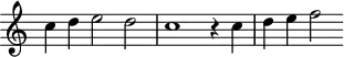 \header {
tagline = ##f
}
\score {
\new Staff \with {
\remove "Time_signature_engraver"
}
<<
\relative c'' {
\key c \major
%\clef bass
\time 3/2
\override TupletBracket #'bracket-visibility = ##f
%%% f° 107
c4 d e2 d c1 r4 c4 d e f2
}
>>
\layout {
\context { \Score \remove "Metronome_mark_engraver" }
}
\midi {}
}