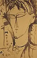 Dessin en brun d'une tête de jeune homme de trois-quarts face, hirsute