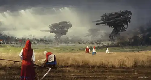 Illustration d'artiste montrant des paysans dans un champ de blé regardant passer une armée de grands robots mecha à l'arrière-plan