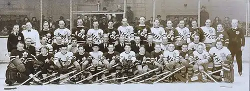 Photographie en noir et blanc de deux équipes de joueurs de hockey sur glace équipés et en train de poser sur la glace en tenue.