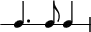 
\version "2.18.2"
\header {
  tagline = ##f
}

\score {
  \new RhythmicStaff {
    \time 3/4
    \numericTimeSignature
    \omit Staff.TimeSignature

   c4. c8 c4  

  }
  \layout {
   % indent = #0
  }
  \midi {}
}
