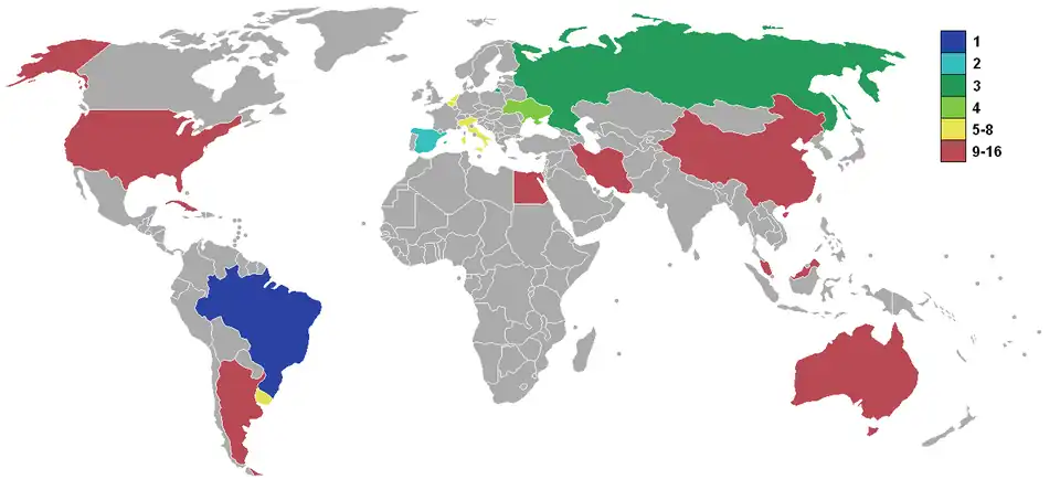 Planisphère représentant les pays dont les équipes se sont qualifiées pour la Coupe du monde 1996