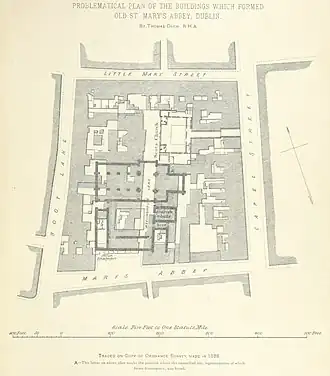 Plan cadastral ancien d'un îlot urbain dense sur lequel est superposé le plan d'un monastère.
