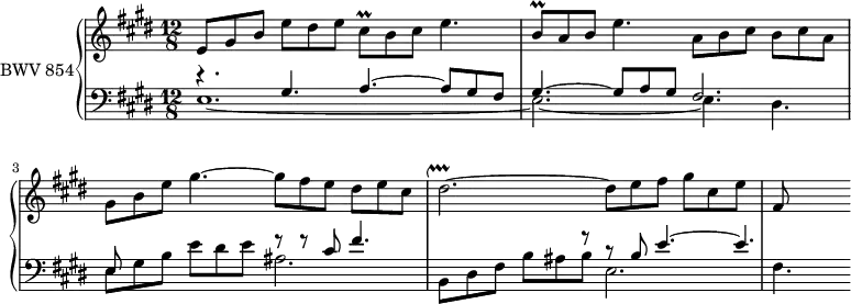 \version "2.18.2"
\header {
tagline = ##f
}
Prallcish = { \tag #'print { cis8\prall } \tag #'midi { dis32 cis dis cis } }
Prallbh = { \tag #'print { b8\prall } \tag #'midi { cis32 b cis b } }
UpPralldisBp = { \tag #'print { dis2.~^\markup{ \musicglyph #"scripts.upprall" } } \tag #'midi { cis16 dis e dis \repeat unfold 4 { e32 dis~ } | dis4~ } }
upper = \relative c' {
\clef treble
\key e \major
\time 12/8
\tempo 4. = 69
\set Staff.midiInstrument = #"harpsichord"
%% PRÉLUDE CBT I-9, BWV 854, mi majeur
e8 gis b e dis e \Prallcish b8 cis e4. | \Prallbh a8 b e4. a,8 b cis b cis a | gis b e gis4.~ gis8 fis e dis e cis |
\UpPralldisBp dis8 e fis gis cis, e fis,
}
lower = \relative c' {
\clef bass
\key e \major
\time 12/8
\set Staff.midiInstrument = #"harpsichord"
<< { r4. gis4. a~ a8 gis fis gis4.~ gis8 a gis fis2. e8 s8 s8 s4. r8 r8 cis'8 fis4. s8 s8 s4. r8 r8 b,8 e4.~ e } \\ { e,1.~ e2.~ e4. dis e8 gis b e dis e ais,2. b,8 dis fis b ais b e,2. fis4. } >>
}
thePianoStaff = \new PianoStaff <<
\set PianoStaff.instrumentName = #"BWV 854"
\new Staff = "upper" \upper
\new Staff = "lower" \lower
>>
\score {
\keepWithTag #'print \thePianoStaff
\layout {
\context {
\Score
\remove "Metronome_mark_engraver"
}
}
}
\score {
\keepWithTag #'midi \thePianoStaff
\midi { }
}