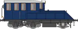 Locomotive au profil aérodynamique à l'avant et rectangulaire à l'arrière en livrée bleu foncé et toit gris clair.