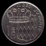 Pièce monégasque (1978) de 1 franc monégasque (côté pile) comportant la devise Deo Juvante.