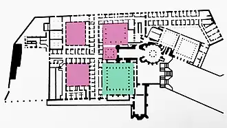 Cloîtres Renaissance (en rose), dont  de Jean III (en vert).