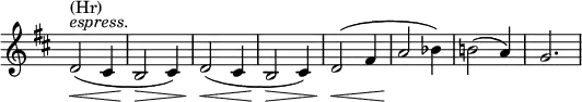 \relative c' \new Staff \with { \remove "Time_signature_engraver" } {
\key d \major \time 3/4 \set Score.tempoHideNote = ##t \tempo "" 4=96
d2^\markup { \italic espress. } ^\markup (Hr) \<( cis4 b2\> cis4) d2\<( cis4 b2\> cis4) d2\<( fis4 a2\! bes4) b!2( a4) g2.
}