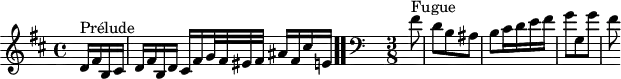 \version "2.18.2"
\header {
tagline = ##f
}
\score {
\new Staff \with {
}
<<
\relative c' {
\key b \minor
\time 4/4
%% INCIPIT CBT II-24, BWV 893, si mineur
\partial 4
s4*0^\markup{Prélude} d16 fis b, cis d fis b, d cis fis g32 fis eis fis ais16 fis cis' e, \bar ".."
\skip 8*1
\override Staff.Clef.extra-offset = #'( -1 . 0 )
\clef bass
\time 3/8 \partial 8
s4*0^\markup{Fugue} fis8 d b ais b cis16 d e fis g8 g, g' fis
}
>>
\layout {
\context { \Score \remove "Metronome_mark_engraver"
\override SpacingSpanner.common-shortest-duration = #(ly:make-moment 1/2)
}
}
\midi {}
}