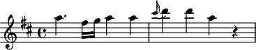
\header {
  tagline = ##f
}

\score {
  \new Staff \with {

  }
<<
  \relative c''' {
    \key d \major
    \time 4/4
    \tempo 4 = 135
    \tempo "Vivace"
    \override TupletBracket #'bracket-visibility = ##f 
    \autoBeamOff

     %%%%%%%%%%%%%%%%%%%%%%%%%% Hob:XVIII,11
     a4. fis16[ g] a4 a \grace cis16( d4) d a r4

  }
>>
  \layout {
    \context { \Staff \RemoveEmptyStaves }
     \context { \Score \remove "Metronome_mark_engraver" }
    
  }
  \midi {}
}

