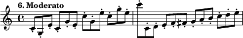 
%etude6
\relative c'
{  
\time 4/4 
\tempo "6. Moderato"
\key c \major
c8*2/3-. g-. e'-. c-. g'-. e-. c'-. g-. e'-. c-. g'-. e-. | c'-. c,,-. d-. e-. f-. fis-. g-. a -. b-. c -. d-. e-.
} 

