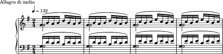 \version "2.18.2"
\header {
tagline = ##f
}
upper = \relative c'' {
\clef treble
\key g \major
\time 2/4
\tempo 4 = 132
%\autoBeamOff
%%Montgeroult — Étude 25 (pdf p. 68)
\repeat unfold 2 { << { g16( b a b d b a b) } \\ { g2 } >> }
\repeat unfold 2 { << { g16( c b c e c b c) } \\ { g2 } >> }
}
lower = \relative c {
\clef bass
\key g \major
\time 2/4
\repeat unfold 2 { << { g'16( d' c d b d c d) } \\ { g,2 } >> }
\repeat unfold 2 { << { g16( e' d e c e d e) } \\ { g,2 } >> }
}
\header {
piece = "Allegro di molto"
}
\score {
\new PianoStaff <<
\new Staff = "upper" \upper
\new Staff = "lower" \lower
>>
\layout {
\context {
\Score
}
}
\midi { }
}