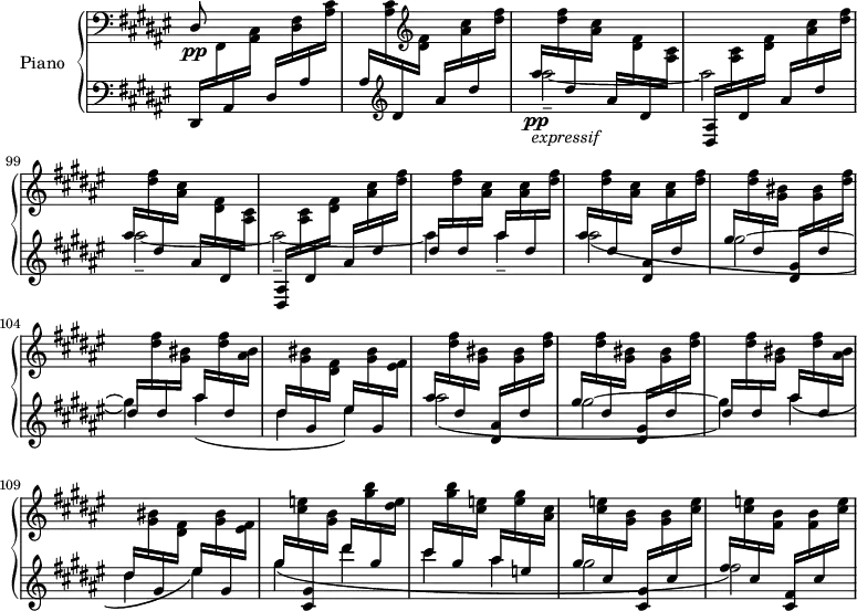 \version "2.18.2"
\header {
tagline=##f
}
upper=\relative c' {
%\clef treble
\key fis \major
\time 2/4
\omit Staff.TimeSignature
\tempo 4=130 % ravel note 144, mais sonne mieux pour l'exemple
\tempo "Vif"
\set Score.currentBarNumber=#95
\set Staff.midiInstrument=#"acoustic grand"
\clef bass \stemUp dis,8\pp s8 s4*3
% ms. 97 à 100
\change Staff="lower" \clef treble \stemDown ais'''2_-_~-\tweak stencil ##f \fff ais-\tweak stencil ##f \fff ais2_-_~ -\tweak stencil ##f \fff ais_-_~ ais4-\tweak stencil ##f \fff ais4_--\tweak stencil ##f \fff \repeat unfold 2 { ais2_\(-\tweak stencil ##f \fff gis~-\tweak stencil ##f \fff gis4_\) ais4_\(-\tweak stencil ##f \fff dis,-\tweak stencil ##f \fff eis\) } gis4_\( dis'-\tweak stencil ##f \fff cis4-\tweak stencil ##f \fff ais-\tweak stencil ##f \fff gis2-\tweak stencil ##f \fff fis\) % fin ms. 113
}
lower=\relative c {
\clef bass
\key fis \major
\time 2/4
\omit Staff.TimeSignature
\set Staff.midiInstrument=#"acoustic grand"
\set Score.proportionalNotationDuration=#(ly:make-moment 1/16)
% ms. 95
dis,16 \change Staff="upper" fis16 \change Staff="lower" ais \change Staff="upper" < ais cis >16
\change Staff="lower" \stemUp dis16 \change Staff="upper" \stemDown < dis fis >16 \repeat unfold 2 { \change Staff="lower" \stemUp ais' \change Staff="upper" \stemDown < ais cis >16 }
% ms. 96 suite
\change Staff="lower" \stemUp \clef treble dis16 \change Staff="upper" \stemDown \clef treble < dis fis >16 \change Staff="lower" \stemUp ais' \change Staff="upper" \stemDown < ais cis >16 \change Staff="lower" \stemUp dis \change Staff="upper" \stemDown < dis fis >16
% ms. 97 et 98 * 99 et 100
s4*0\pp-\markup { \italic "expressif"}
\clef treble
\repeat unfold 2 {
% ms. 97 et 99
\change Staff="lower" \stemUp ais'16 \change Staff="upper" \stemDown < dis, fis >16
\change Staff="lower" \stemUp dis16 \change Staff="upper" \stemDown < ais cis >16
\change Staff="lower" \stemUp ais16 \change Staff="upper" \stemDown < dis, fis >16
\change Staff="lower" \stemUp dis16 \change Staff="upper" \stemDown < ais cis >16
% ms. 98 et 100
\change Staff="lower" \stemUp < dis, ais' >16 \change Staff="upper" \stemDown \clef treble < ais' cis >16
\change Staff="lower" \stemUp dis16 \change Staff="upper" \stemDown < dis fis >16
\change Staff="lower" \stemUp ais' \change Staff="upper" \stemDown < ais cis >16
\change Staff="lower" \stemUp dis16 \change Staff="upper" \stemDown < dis fis >16
} % repet
% ms. 101
\change Staff="lower" \stemUp dis16 \change Staff="upper" \stemDown \clef treble < dis fis >16
\change Staff="lower" \stemUp dis16 \change Staff="upper" \stemDown < ais cis >16
\change Staff="lower" \stemUp ais'16 \change Staff="upper" \stemDown \clef treble < ais, cis >16
\change Staff="lower" \stemUp dis16 \change Staff="upper" \stemDown < dis fis >16
% ms. 102
\change Staff="lower" \stemUp ais'16 \change Staff="upper" \stemDown \clef treble < dis, fis >16
\change Staff="lower" \stemUp dis16 \change Staff="upper" \stemDown < ais cis >16
\change Staff="lower" \stemUp < dis, ais' >16 \change Staff="upper" \stemDown \clef treble < ais' cis >16
\change Staff="lower" \stemUp dis16 \change Staff="upper" \stemDown < dis fis >16
% ms. 103
\change Staff="lower" \stemUp gis16 \change Staff="upper" \stemDown \clef treble < dis fis >16
\change Staff="lower" \stemUp dis16 \change Staff="upper" \stemDown < gis, bis >16
\change Staff="lower" \stemUp < dis gis >16 \change Staff="upper" \stemDown \clef treble < gis bis >16
\change Staff="lower" \stemUp dis'16 \change Staff="upper" \stemDown < dis fis >16
% ms. 104
\change Staff="lower" \stemUp dis16 \change Staff="upper" \stemDown \clef treble < dis fis >16
\change Staff="lower" \stemUp dis16 \change Staff="upper" \stemDown < gis, bis >16
\change Staff="lower" \stemUp ais'16 \change Staff="upper" \stemDown \clef treble < dis, fis >16
\change Staff="lower" \stemUp dis16 \change Staff="upper" \stemDown < ais bis >16
% ms. 105
\change Staff="lower" \stemUp dis16 \change Staff="upper" \stemDown \clef treble < gis, bis >16
\change Staff="lower" \stemUp gis16 \change Staff="upper" \stemDown < dis fis >16
\change Staff="lower" \stemUp eis'16 \change Staff="upper" \stemDown \clef treble < gis, bis >16
\change Staff="lower" \stemUp gis16 \change Staff="upper" \stemDown < eis fis >16
% ms. 106
\change Staff="lower" \stemUp ais'16 \change Staff="upper" \stemDown \clef treble < dis, fis >16
\change Staff="lower" \stemUp dis16 \change Staff="upper" \stemDown < gis, bis >16
\change Staff="lower" \stemUp < dis ais' >16 \change Staff="upper" \stemDown \clef treble < gis bis >16
\change Staff="lower" \stemUp dis'16 \change Staff="upper" \stemDown < dis fis >16
% ms. 107
\change Staff="lower" \stemUp gis16 \change Staff="upper" \stemDown \clef treble < dis fis >16
\change Staff="lower" \stemUp dis16 \change Staff="upper" \stemDown < gis, bis >16
\change Staff="lower" \stemUp < dis gis >16 \change Staff="upper" \stemDown \clef treble < gis bis >16
\change Staff="lower" \stemUp dis'16 \change Staff="upper" \stemDown < dis fis >16
% ms. 108=104
\change Staff="lower" \stemUp dis16 \change Staff="upper" \stemDown \clef treble < dis fis >16
\change Staff="lower" \stemUp dis16 \change Staff="upper" \stemDown < gis, bis >16
\change Staff="lower" \stemUp ais'16 \change Staff="upper" \stemDown \clef treble < dis, fis >16
\change Staff="lower" \stemUp dis16 \change Staff="upper" \stemDown < ais bis >16
% ms. 109=105
\change Staff="lower" \stemUp dis16 \change Staff="upper" \stemDown \clef treble < gis, bis >16
\change Staff="lower" \stemUp gis16 \change Staff="upper" \stemDown < dis fis >16
\change Staff="lower" \stemUp eis'16 \change Staff="upper" \stemDown \clef treble < gis, bis >16
\change Staff="lower" \stemUp gis16 \change Staff="upper" \stemDown < eis fis >16
% ms. 110
\change Staff="lower" \stemUp gis'16 \change Staff="upper" \stemDown \clef treble < cis, e >16
\change Staff="lower" \stemUp < cis, gis' >16 \change Staff="upper" \stemDown < gis' b >16
\change Staff="lower" \stemUp dis''16 \change Staff="upper" \stemDown \clef treble < gis, b >16
\change Staff="lower" \stemUp gis16 \change Staff="upper" \stemDown < dis e >16
% ms. 111
\change Staff="lower" \stemUp cis'16 \change Staff="upper" \stemDown \clef treble < gis b >16
\change Staff="lower" \stemUp gis16 \change Staff="upper" \stemDown < cis, e >16
\change Staff="lower" \stemUp ais'16 \change Staff="upper" \stemDown \clef treble < e gis >16
\change Staff="lower" \stemUp e16 \change Staff="upper" \stemDown < ais, cis >16
% ms. 112
\change Staff="lower" \stemUp gis'16 \change Staff="upper" \stemDown \clef treble < cis, e >16
\change Staff="lower" \stemUp cis16 \change Staff="upper" \stemDown < gis b >16
\change Staff="lower" \stemUp < cis, gis' >16 \change Staff="upper" \stemDown \clef treble < gis' b >16
\change Staff="lower" \stemUp cis16 \change Staff="upper" \stemDown < cis e >16
% ms. 113|il faut bien aller au bout du chant…
\change Staff="lower" \stemUp fis16 \change Staff="upper" \stemDown \clef treble < cis e >16
\change Staff="lower" \stemUp cis16 \change Staff="upper" \stemDown < fis, b >16
\change Staff="lower" \stemUp < cis fis >16 \change Staff="upper" \stemDown \clef treble < fis b >16
\change Staff="lower" \stemUp cis'16 \change Staff="upper" \stemDown < cis e >16
}
\score {
\new PianoStaff <<
\set PianoStaff.instrumentName=#"Piano"
\new Staff="upper" \upper
\new Staff="lower" \lower
>>
\layout {
#(layout-set-staff-size 16)
\context {
\Score
\override SpacingSpanner.common-shortest-duration=#(ly:make-moment 1/3)
\remove "Metronome_mark_engraver"
}
}
\midi { }
}