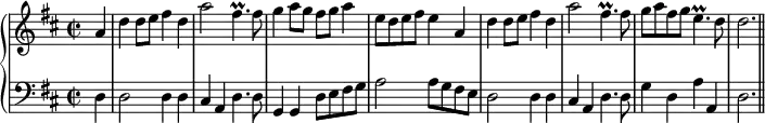 
\version "2.14.2"
\header {
  tagline = ##f
}

upper = \relative c'' {
  \set Staff.midiInstrument = "trumpet"
  \clef treble
  \key d \major
  \time 2/2
  \tempo 2 = 65

\partial 4 a4 d d8 e fis4 d a'2 fis4.\prall fis8 g4 a8 g fis g a4 e8 d e fis e4
a, d d8 e fis4 d a'2 fis4.\prall fis8 g a fis g e4.\prall d8 d2. \bar "||"

}
lower = \relative c {
  \set Staff.midiInstrument = "church organ"
  \clef bass
  \key d \major
\partial 4 d4 d2 d4 d cis a d4. d8 g,4 g d'8 e fis g a2 a8 g fis e  
d2 d4 d cis a d4. d8 g4 d a' a, d2.
}

\score {
  \new PianoStaff <<
    \new Staff = "upper" \upper
    \new Staff = "lower" \lower
  >>
  \layout {
    \context {
      \Score
      \remove "Metronome_mark_engraver"
    }
  }
  \midi { }
}
