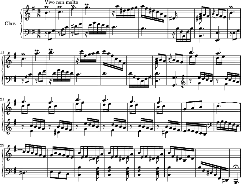 \version "2.18.2"
\header {
tagline = ##f
% composer = "Domenico Scarlatti"
% opus = "K. 203"
% meter = "Vivo non molto"
}
%% les petites notes
trillBp = { \tag #'print { b4.\prall } \tag #'midi { c32 b c b~ b4 } }
trillCp = { \tag #'print { c4.\prall } \tag #'midi { d32 c d c~ c4 } }
trillFisp = { \tag #'print { fis4.\prall } \tag #'midi { g32 fis g fis~ fis4 } }
trillGp = { \tag #'print { g4.\prall } \tag #'midi { a32 g a g~ g4 } }
trillBpUp = { \tag #'print { b'4.\prall } \tag #'midi { c32 b c b~ b4 } }
trillApUp = { \tag #'print { a'4.\prall } \tag #'midi { b32 a b a~ a4 } }
upper = \relative c'' {
\clef treble
\key e \minor
\time 3/8
\tempo 4. = 82
\set Staff.midiInstrument = #"harpsichord"
\override TupletBracket.bracket-visibility = ##f
s8*0^\markup{Vivo non molto}
\trillBp \trillCp \trillFisp \trillGp | r16 a16 dis, e fis g | a fis dis c a fis | dis s16 s4 |
% ms. 8
<< { a'8 g fis } \\ { < dis fis >8 } >> | \appoggiatura a'16 g8 fis e | \trillBpUp \trillCp \trillApUp \trillBp | r16 c16 fis, g a b | c a fis c a fis |
% ms. 16
s4. | << { c'8 b a } \\ { < fis a >8 } >> | \appoggiatura c'16 b8 a g | \repeat unfold 2 { << { b'4. a g fis } \\ { e16 fis s4 | d16 e s4 | c16 d s4 | b16 c s4 } >> }
% ms. 27
g8 a b | c4.~ | c16 c b a g fis |
% ms. 30
g16 b a g fis e | \repeat unfold 3 { << { b' e, fis dis e a } \\ { s4 e8 } >> } b'16 fis dis b fis' dis | s2.
}
lower = \relative c' {
\clef bass
\key e \minor
\time 3/8
\set Staff.midiInstrument = #"harpsichord"
\override TupletBracket.bracket-visibility = ##f
% ************************************** \appoggiatura a8 \repeat unfold 2 { } \times 2/3 { } \omit TupletNumber
r8 e,8 g | r8 a c | r8 dis fis | r16 e16 g fis e d | c4. | b | r16 b16 fis b,fis' b |
% ms. 8
< b, b' >4. | < e, e' > | r8 e'8 g | r8 a c | r8 d8 fis | r16 d16 g fis e d | c4. | d |
% ms. 16
d16 a fis d fis a | < d, d' >4. | < g, g' > | \clef treble \repeat unfold 2 {
<< { b''8\rest e16 d c b | b8\rest d16 c b a | b8\rest c16 b a g | b8\rest b16 a g fis }
\\ { s8 g4 | s8 fis4 | s8 e4 | s8 dis4 } >> }
% ms. 27
e16 fis e d c b \clef bass | a16 b a g fis e | dis4. |
% ms. 30
e8 d c | < b b' >4 \repeat unfold 2 { < c e a >8 | < b fis' b >4 } < c e a >8 | < b b' >4 s8 | b'16 fis dis b fis dis | \tempo 4. = 60 b4.\fermata
}
thePianoStaff = \new PianoStaff <<
\set PianoStaff.instrumentName = #"Clav."
\new Staff = "upper" \upper
\new Staff = "lower" \lower
>>
\score {
\keepWithTag #'print \thePianoStaff
\layout {
#(layout-set-staff-size 17)
\context {
\Score
\override SpacingSpanner.common-shortest-duration = #(ly:make-moment 1/2)
\remove "Metronome_mark_engraver"
}
}
}
\score {
\keepWithTag #'midi \thePianoStaff
\midi { }
}