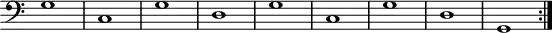 
\version "2.14.2"
\header {
  tagline = ##f
}

\score {
  \new Staff \with {
    \remove "Time_signature_engraver"

  }
<<
  \relative c' {
    \key c \major
    \clef bass
    \time 2/2
    \tempo 2 = 82
    \override TupletBracket #'bracket-visibility = ##f 
    \autoBeamOff
    \set Staff.midiInstrument = #"harpsichord"

     %%%%%%%%%%%%%%%%%%%%%%%%%% Passamezzo moderno

\repeat volta 2 {
     g1 c, g' d g c, g' d g,
}

  }
>>
  \layout {
    \context { \Score \remove "Metronome_mark_engraver" }
    \context {
    \remove "Metronome_mark_engraver"
    }
  }
  \midi {}
}

