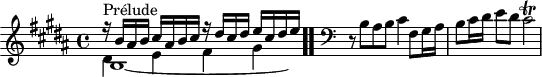 \version "2.18.2"
\header {
tagline = ##f
}
\score {
\new Staff \with {
}
<<
\relative c'' {
\key b \major
\time 4/4
%% INCIPIT CBT I-5, BWV 850, ré majeur
<< { r16^\markup{Prélude} b ais b cis ais b cis r16 dis cis dis e cis dis e } \\ { b,1*15/16~ \hideNotes b16 } \\ { \stemDown dis4 e fis gis } >> \bar ".."
\skip 4*1
\override Staff.Clef.extra-offset = #'( -1 . 0 )
\clef bass
\partial 1
r8 b,8 ais b cis4 fis,8 gis16 ais b8 cis16 dis e8 dis cis2\trill
}
>>
\layout {
\context { \Score \remove "Metronome_mark_engraver"
\override SpacingSpanner.common-shortest-duration = #(ly:make-moment 1/2)
}
}
\midi {}
}