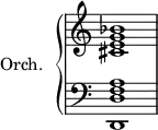 \version "2.18.2"
\header {
tagline = ##f
}
%%%%%%%%%% KEYS %%%%%%%%%%%%%
global = { \time 4/4 \override Staff.TimeSignature.stencil = ##f }
Key = { \key c \major }
%% main droite
rhUpper = \relative c'' {
\voiceOne
\Key
< g bes >1
}
rhLower = \relative c' {
\voiceTwo
\Key
< cis e >1
}
%% main gauche
lhUpper = \relative c' {
\voiceOne
\Key
< f, a >1
}
lhLower = \relative c {
\voiceTwo
\Key
< d, d' >1
}
PianoRH = {
\clef treble
\global
\set Staff.midiInstrument = #"acoustic grand"
<<
\new Voice = "one" \rhUpper
\new Voice = "two" \rhLower
>>
}
PianoLH = {
\clef bass
\global
\set Staff.midiInstrument = #"acoustic grand"
<<
\new Voice = "one" \lhUpper
\new Voice = "two" \lhLower
>>
}
piano = {
<<
\set PianoStaff.instrumentName = #"Orch."
\new Staff = "upper" \PianoRH
\new Staff = "lower" \PianoLH
>>
}
\score {
\new PianoStaff <<
\new PianoStaff = "piano" \piano
>>
\layout {
\context {
\Score
\remove "Metronome_mark_engraver"
}
}
\midi { }
}