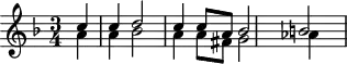 
\header {
  tagline = ##f
}

\score {
  \new Staff \with {

  }
<<
  \relative c'' {
    \key f \major
    \time 3/4
    \override TupletBracket #'bracket-visibility = ##f 
    %\autoBeamOff

     %%%%%%% K 82
     \partial 4
     << { c4 c d2 c4 c8[ a] bes2 b! } \\ { a4 a bes2 a4 a8[ fis] g2 aes4  } >>
  }
>>
  \layout {
    \context {
      \remove "Metronome_mark_engraver"
    }
  }
  \midi {}
}
