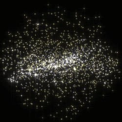 Carte stellaire de l'environnement proche du Soleil dans notre Voie Lactée, comprenant les 2000 étoiles les plus brillantes situées à moins de 500 parsecs, d'après les relevés du satellite Hipparcos. Le centre galactique serait situé 8000 parsecs vers la droite. Le Soleil est figuré en bleu au centre. Le disque galactique est mis en évidence par la densité d'étoiles brillantes au centre de l'image en vue de côté.