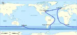 Mappemonde illustrant le parcours de la Velux 5 Oceans 2010-2011