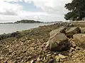La pointe d'Arradon dans le golfe du Morbihan et, à l'arrière-plan la pointe du Trec'h dans l'Île aux Moines.