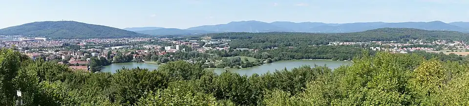 Le Salbert (à gauche) et la ligne bleue des Vosges dans le paysage de Belfort, vue depuis la Miotte.