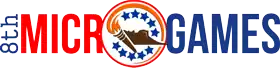 Logo avec du texte rouge et bleu et un médaillon orange, brun et bleu