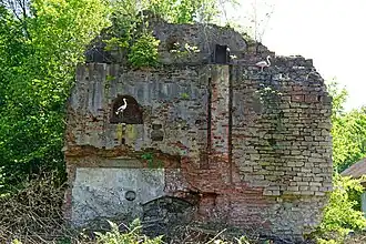 Des ruines de murs formant un massif pyramidal au milieu de la végétation jaunie en hiver.
