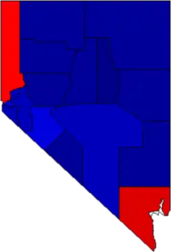 Carte des résultats de l'élection présidentielle américaine de 2016 par comté au Nevada (rouge : Clinton / bleu : Trump).