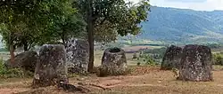 Paysage montrant de grandes jarres en pierre, avec quelques arbres à gauche et des montagnes en arrière-plan.