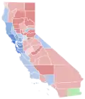 Vainqueur par comté : Newsom en bleu, Cox en rouge et Villaraigosa en vert.