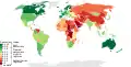 Indice de démocratie de The Economist Intelligence Unit publié en décembre 2019. Plus le pays est vert, plus il est considéré démocratique. La Norvège est le pays le plus démocratique à 9,93, tandis que la Corée du Nord est le moins démocratique à 1,08.