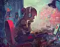 Dessin de David Revoy en style cyberpunk, inspiré du personnage de Lofi Girl.