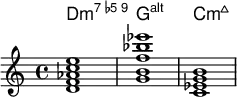 <<
\new ChordNames { \relative {
<d f aes c e>1 <g b d f aes bes cis ees>1 < c ees g b>1 }
}
\new Staff \relative c'{
<d f aes c e>1 <g b f' bes ees>1 < c, ees g b>1 }
>>