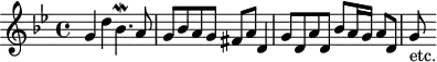 \version "2.14.2"
\header {
tagline = ##f
}
\score {
\new Staff \with {
% \remove "Time_signature_engraver"
% instrumentName = #"BWV 578 "
}
\relative c'' {
\key g \minor
\time 4/4
\tempo 4 = 82
%\autoBeamOff
\clef treble
\override Rest #'style = #'classical
% BWV 578
g4 d' bes4.\mordent a8 | g8 bes a g | fis a d,4 | g8 d a' d, bes' a16 g a8 d, | g-"etc." % d16 g a8 d,16 a' bes8 a16 g a |
}
\layout {
#(layout-set-staff-size 17)
\context {
\Score
\remove "Metronome_mark_engraver"
\override SpacingSpanner.common-shortest-duration = #(ly:make-moment 1/2)
}
}
\midi { \set Staff.midiInstrument = #"harpsichord"}
}
