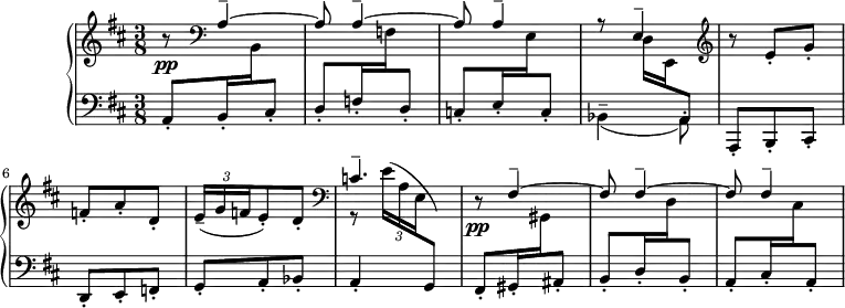 \version "2.18.2"
\header {
tagline = ##f
}
upper = \relative c' {
\clef treble
\key b \minor
\time 3/8
\tempo 4. = 72
%%Falla — Siete canciones, n° 1
\stemUp r8\pp \clef bass \repeat unfold 2 { a4^-^~ a8 } a4^- << { r8 e4^- ) } \\ { s8 d16 e, \stemUp \change Staff = "lower" a8 } >>
\change Staff = "upper" \clef treble r8 e''8-.^\( g-. f-. a-. d,-. \times 2/3 { e16--( g f } e8-.) d-.
\clef bass << { c4.--\) } \\ { r8 \times 2/3 { e16^( a, e } \stemUp \change Staff = "lower" g,8)( } >>
\change Staff = "upper" r8\pp \repeat unfold 2 { fis'4^-^~ fis8 } fis4^-
}
lower = \relative c {
\clef bass
\key b \minor
\time 3/8
a8-. b16-. \change Staff = "upper" b \change Staff = "lower" cis8-.
d8-. f16-. \change Staff = "upper" f \change Staff = "lower" d8-.
c8-. e16-. \change Staff = "upper" e \change Staff = "lower" c8-.
\stemDown bes4--_( a8-.)
\stemUp a,8-. b-. cis-. | d-. e-. f-. | g-. a-. bes-. a4-. s8
fis8-.) gis16-. \stemDown \change Staff = "upper" gis \stemUp \change Staff = "lower" ais8-.
b8-. d16-. \stemDown \change Staff = "upper" d \stemUp \change Staff = "lower" b8-.
a8-. cis16-. \stemDown \change Staff = "upper" cis \stemUp \change Staff = "lower" a8-.
}
\header {
piece = ""
}
\score {
\new PianoStaff <<
\new Staff = "upper" \upper
\new Staff = "lower" \lower
>>
\layout {
\context {
\Score
\remove "Metronome_mark_engraver"
\override TupletBracket.bracket-visibility = ##f
}
}
\midi { }
}